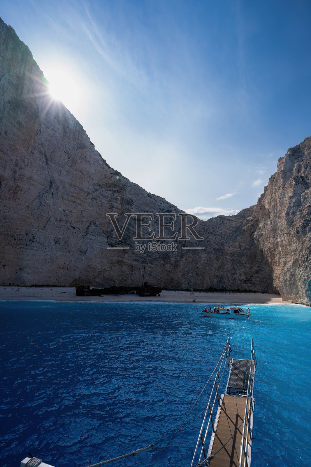 扎金索斯岛著名的纳瓦吉奥海难海滩全景照片摄影图片