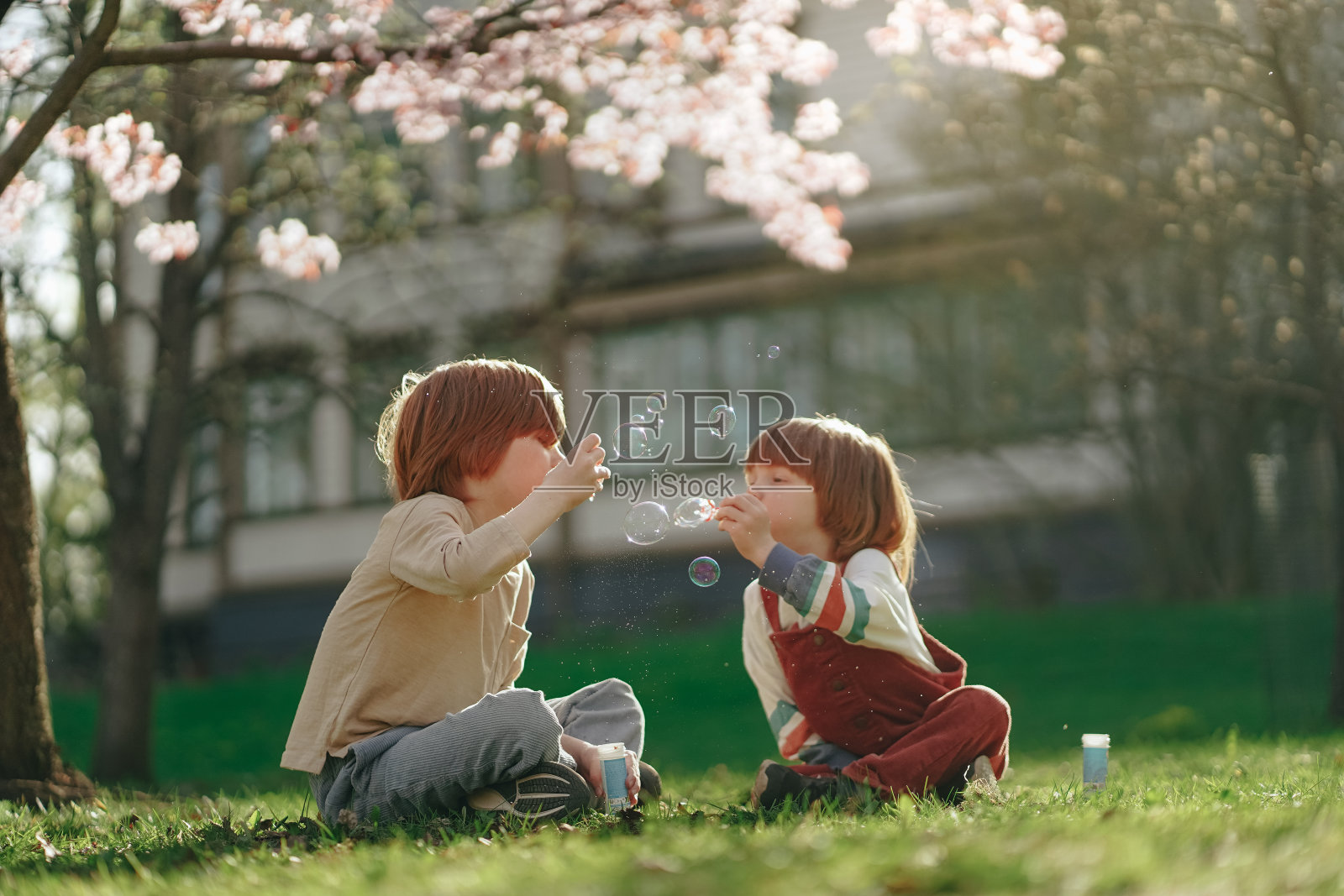 兄弟俩在公园里吹泡泡。照片摄影图片