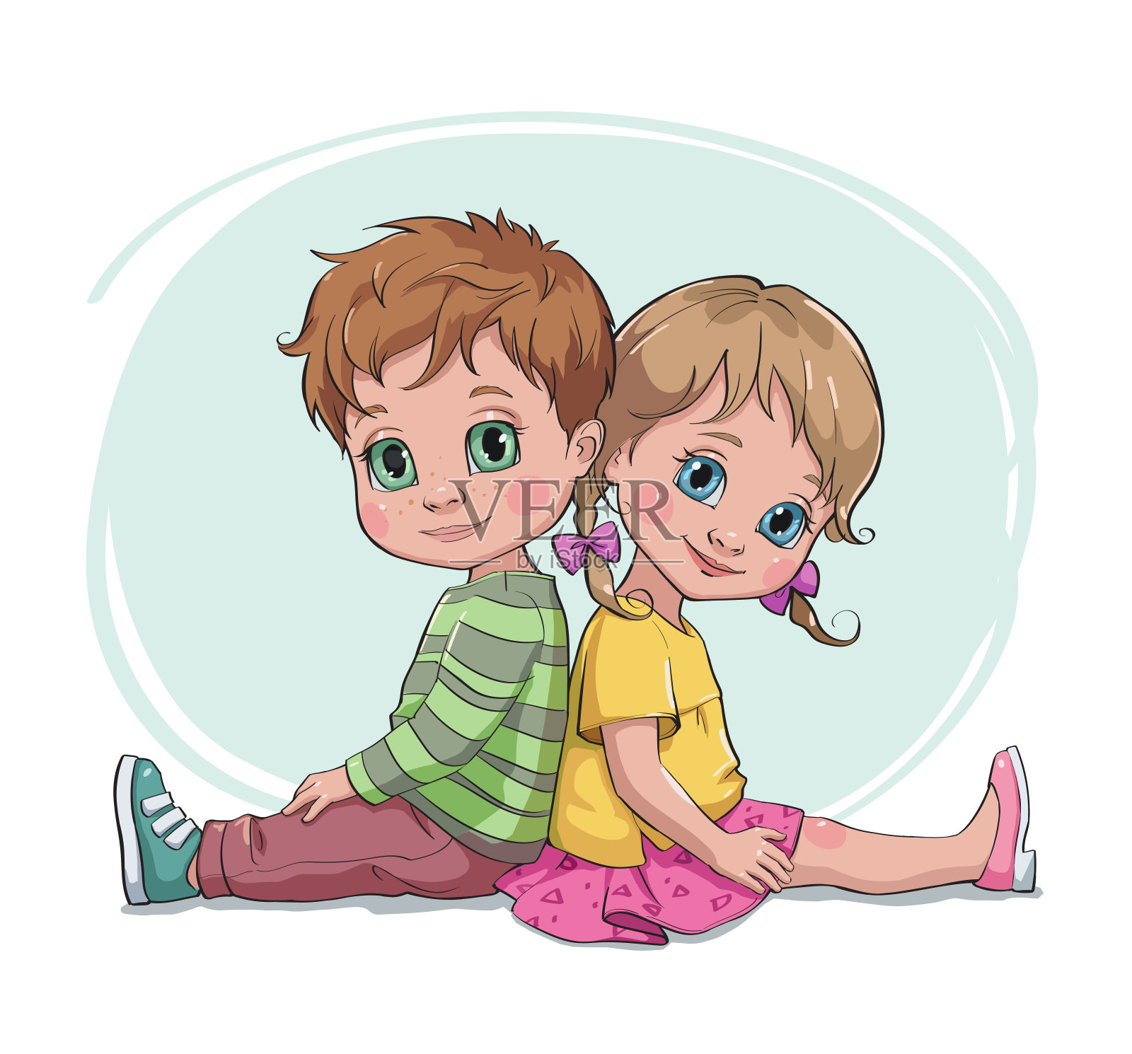 小男孩和女孩坐在一起矢量插图插画图片素材