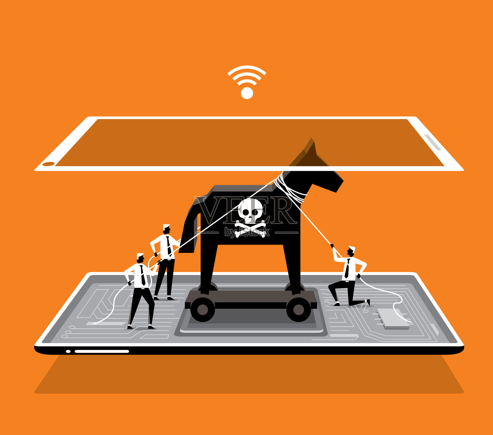 带手机的木马病毒-拔出插画图片素材