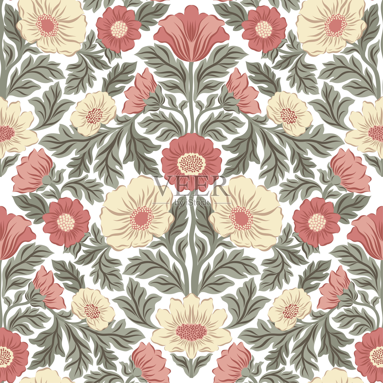 无缝图案与民间艺术设计元素。民间矢量插图与白色背景上的花。传统图案。插画图片素材