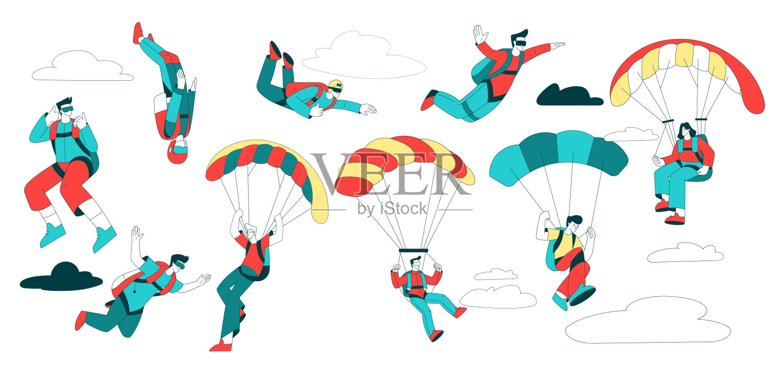 空中运动与人字符跳伞和跳伞矢量集插画图片素材