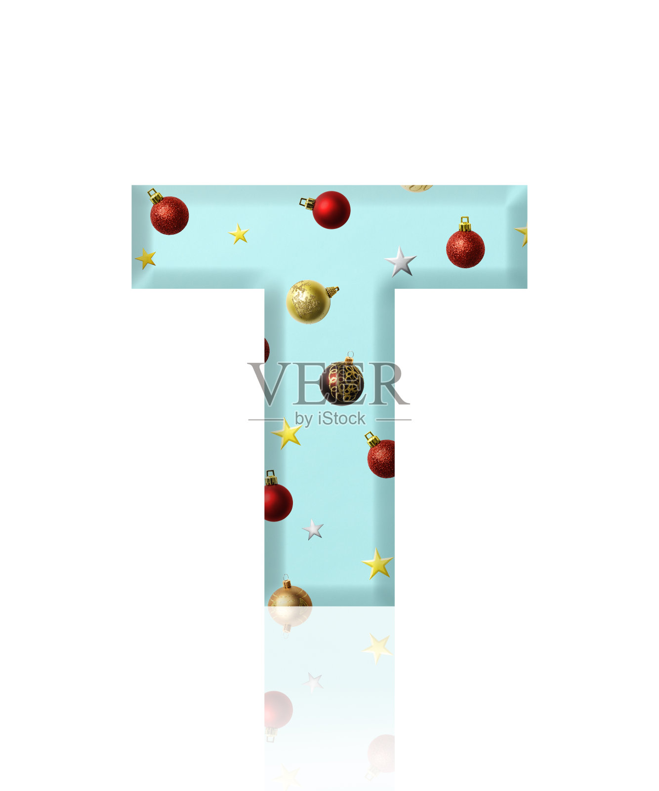 白色背景上的三维圣诞装饰字母T的孤立镜头照片摄影图片