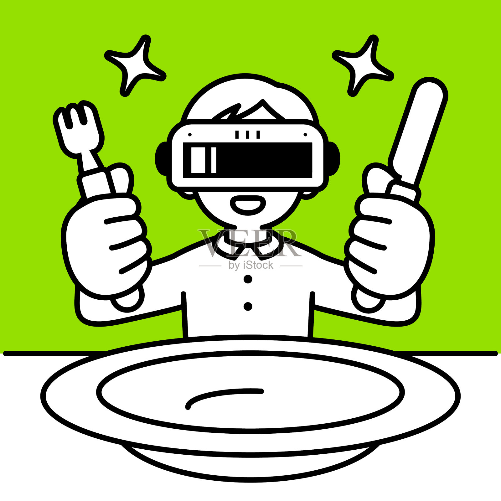 一个戴着虚拟现实耳机或VR眼镜的男孩从虚拟洞里蹦出来,进入了虚拟世界,拿着刀叉,坐下来吃饭,面前是一个大空盘子,看着观众,极简风格,黑白轮廓插画图片素材