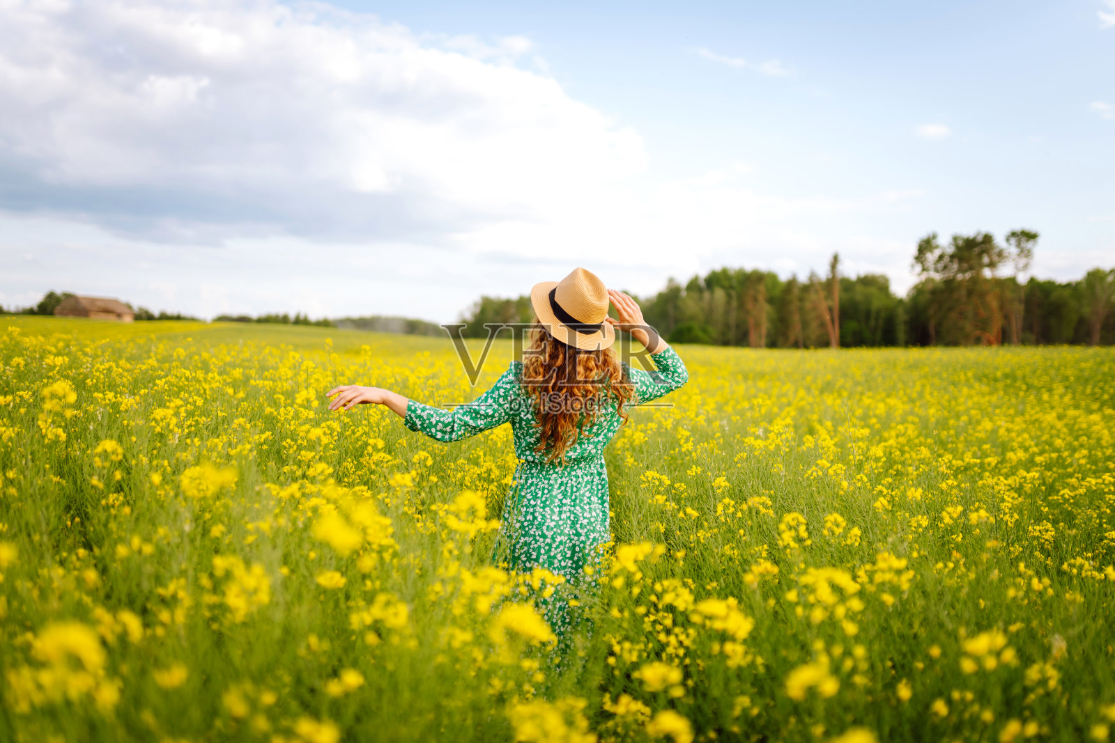 美丽的女人在阳光明媚的夏日走在田野里。照片摄影图片