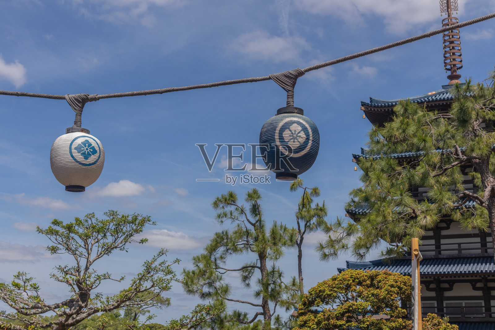 在日本的花园里,绳子上挂着蓝色和白色的纸灯笼照片摄影图片