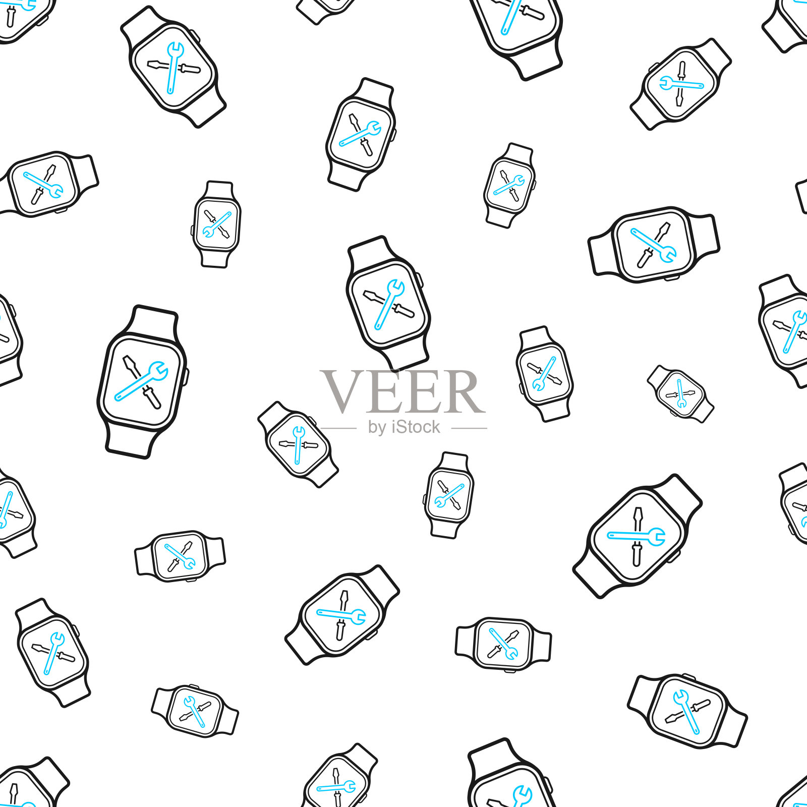智能手表设置-工具。无缝模式。白色背景上的线条图标插画图片素材