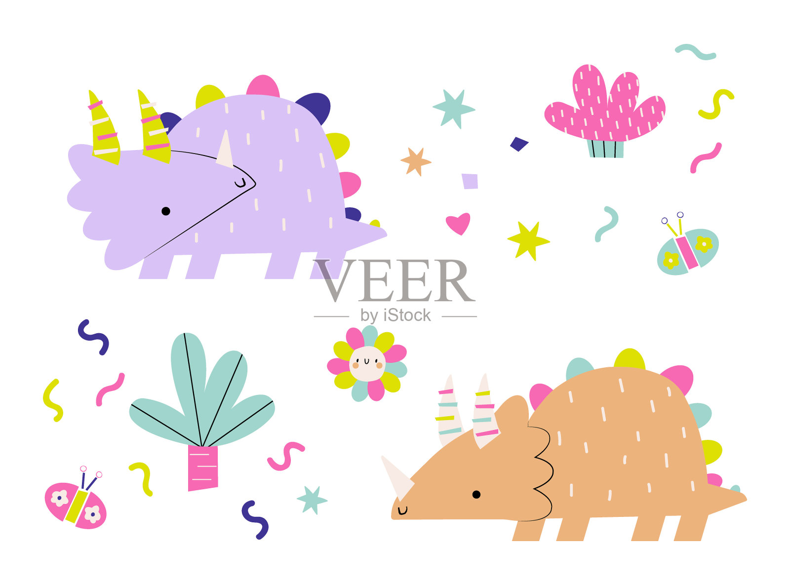 可爱的彩色恐龙套装。古代世界设定。不同性质的恐龙色彩鲜艳的插图。插画图片素材