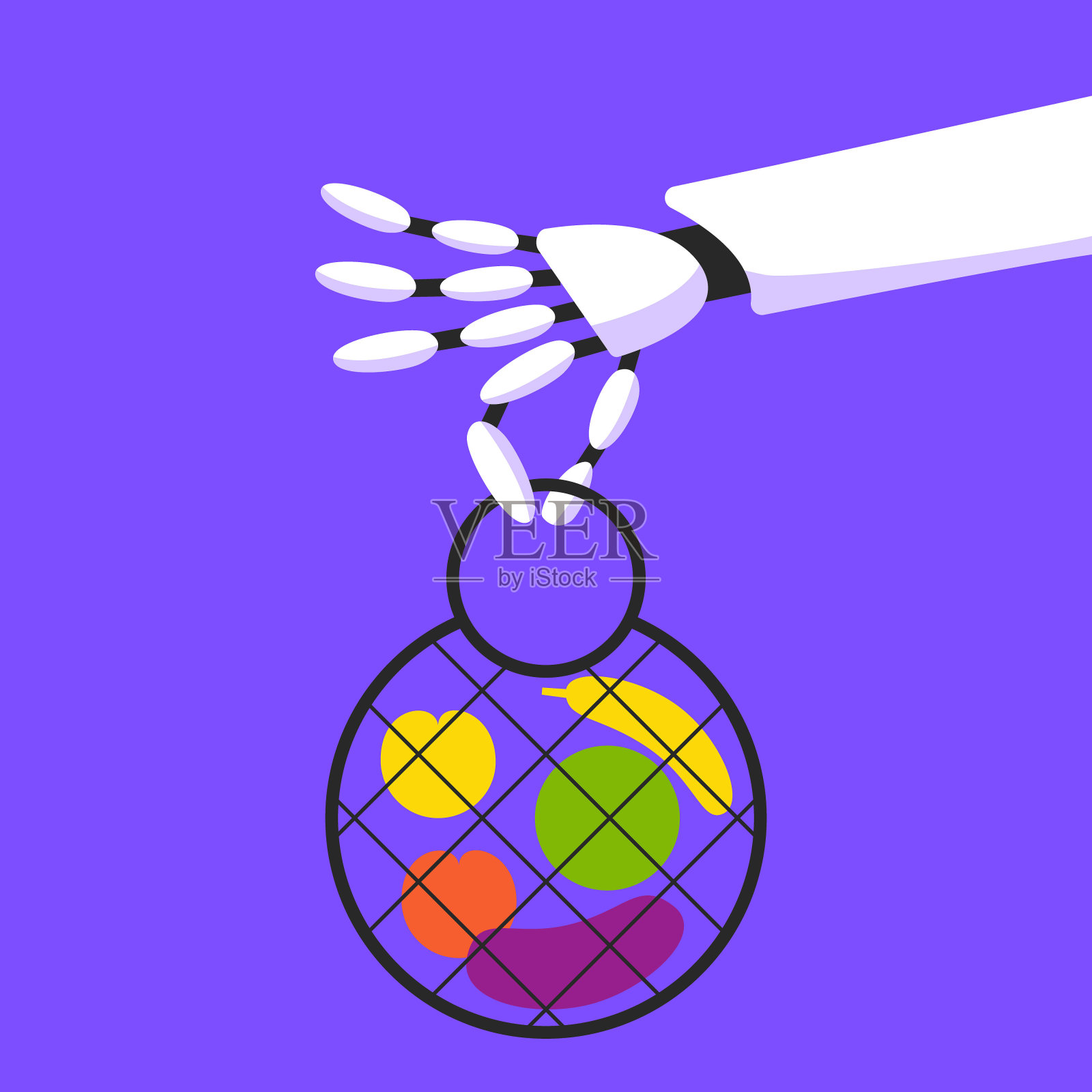 机器人手臂拿着装蔬菜的环保袋。插画图片素材