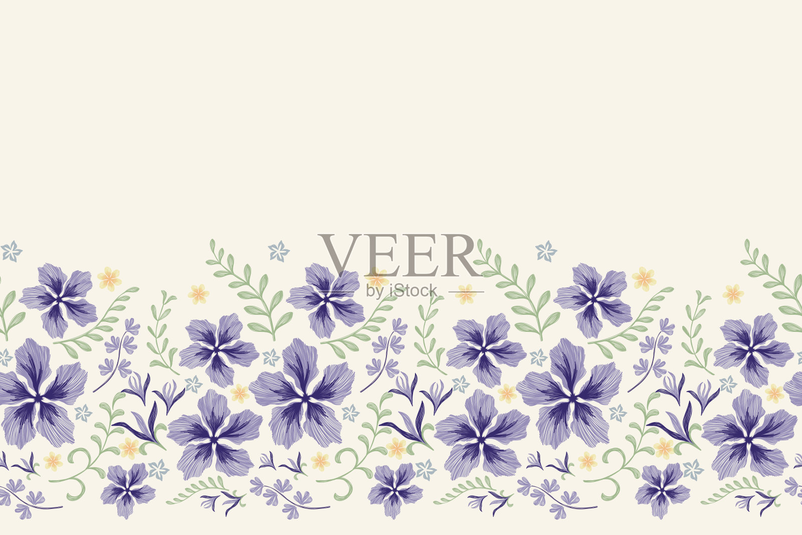 复古花卉图案无缝刺绣背景边界。蓝色花朵图案。伊卡特风格矢量插图。手绘插画图片素材