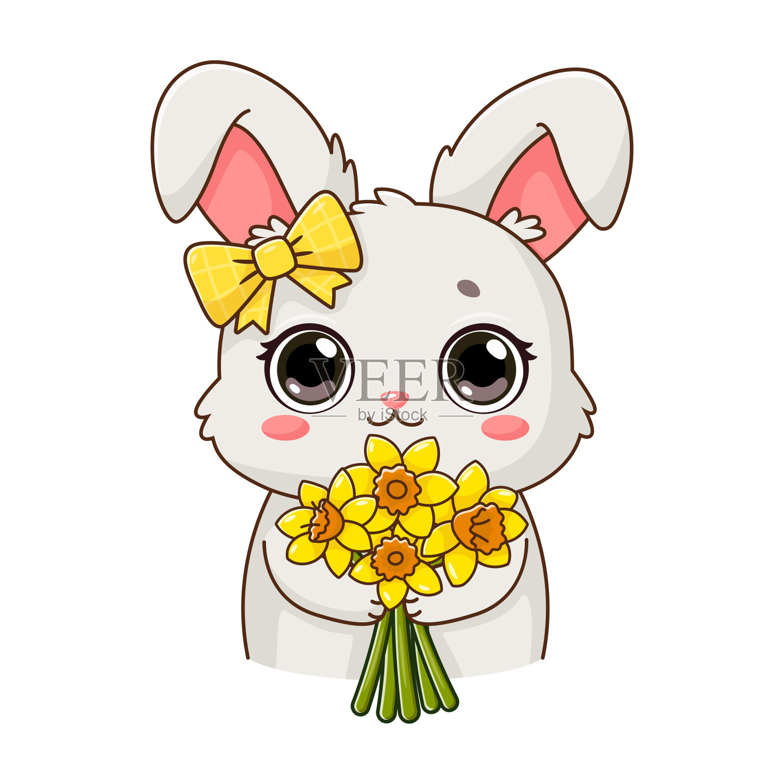 贴纸上有抱着水仙花的可爱兔子。微笑可爱的卡通形象。夏天花开,春天花开。矢量插图隔离在白色插画图片素材