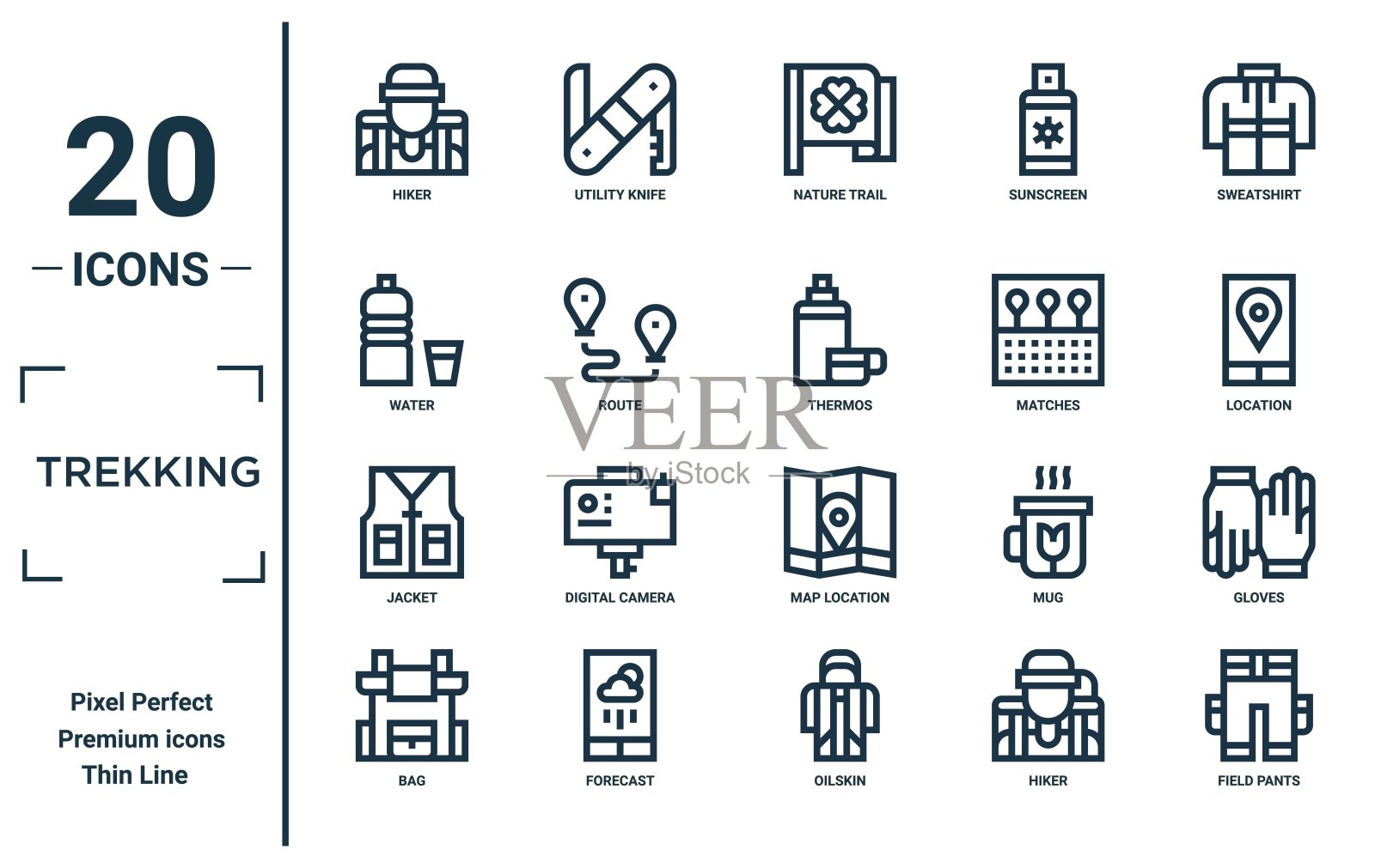 徒步线性图标集。包括细线徒步旅行者,水,夹克,包,野战裤,保温瓶,手套的图标报告,演示,图表,网页设计插画图片素材