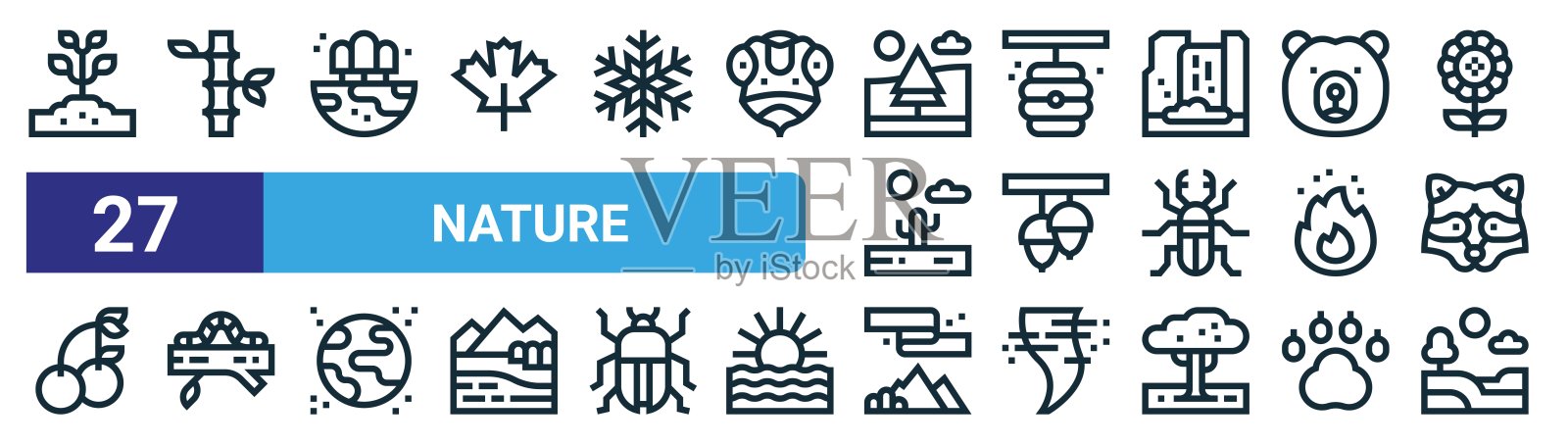 一套27个轮廓网络自然图标,如植物,竹子,地球,蜂巢,橡子,蠕虫,北极光,景观矢量细线图标的网页设计,移动应用程序。插画图片素材