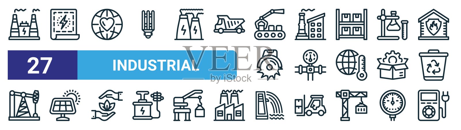 一套27个概述web工业图标,如工业,电费,地球,工业,压力计,太阳能电池板,水坝,插头矢量细线图标的网页设计,移动应用程序。插画图片素材
