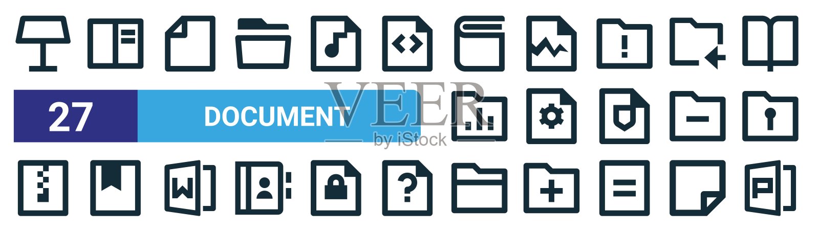 一组27个大纲网页文档图标,如主题,书,文件,文件,文件,文件夹,PPT矢量细线图标,用于网页设计,移动应用程序。插画图片素材