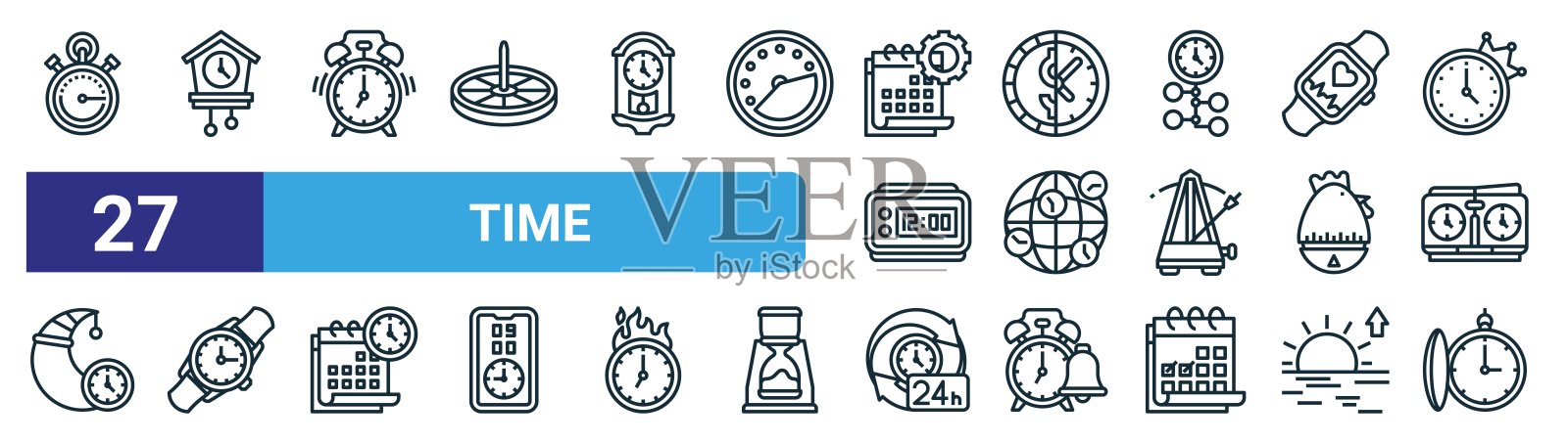 一组27个轮廓网络时间图标,如秒表,布谷鸟时钟,闹钟,时间是钱,时区,手表,小时,怀表矢量细线图标的网页设计,移动应用程序。插画图片素材