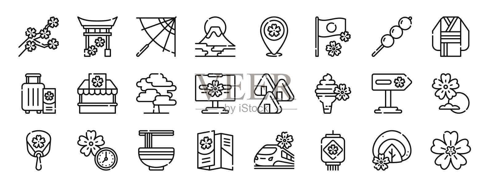 一套24个大纲网页樱花节图标,如樱花,寺庙,伞,富士,位置,日本国旗,dango矢量图标的报告,演示,图表,网页设计,移动应用程序插画图片素材