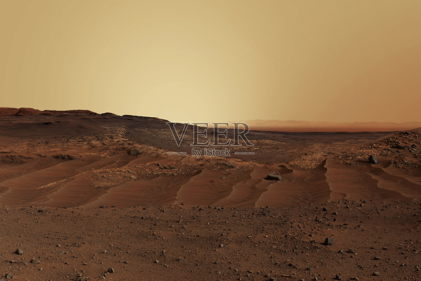 红色星球火星的景观。火星上的沙漠、岩石和山脉。照片摄影图片