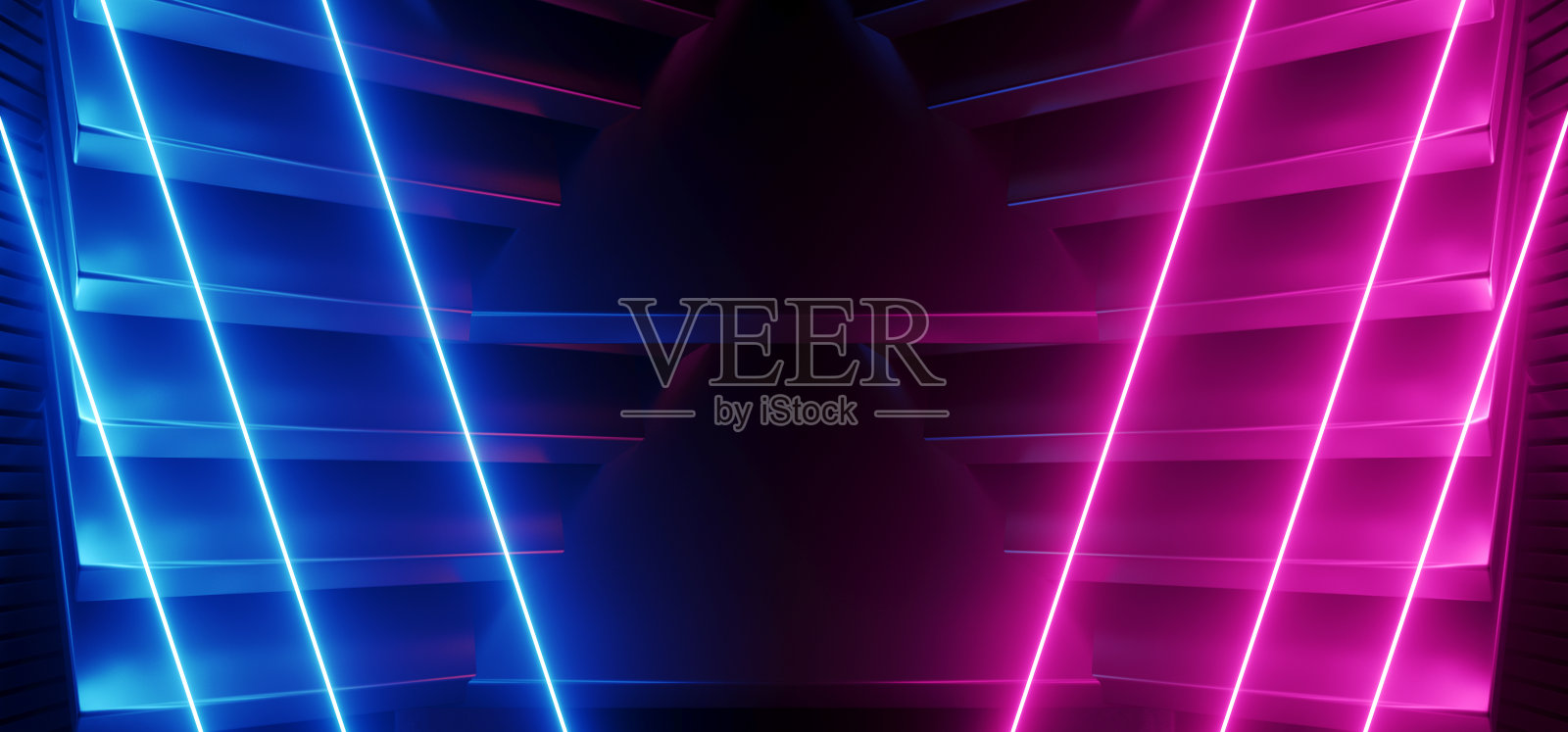 霓虹紫蓝色激光线科幻未来主义金属反光陈列室舞台讲台时尚隧道走廊走廊车库展示地下3D渲染照片摄影图片