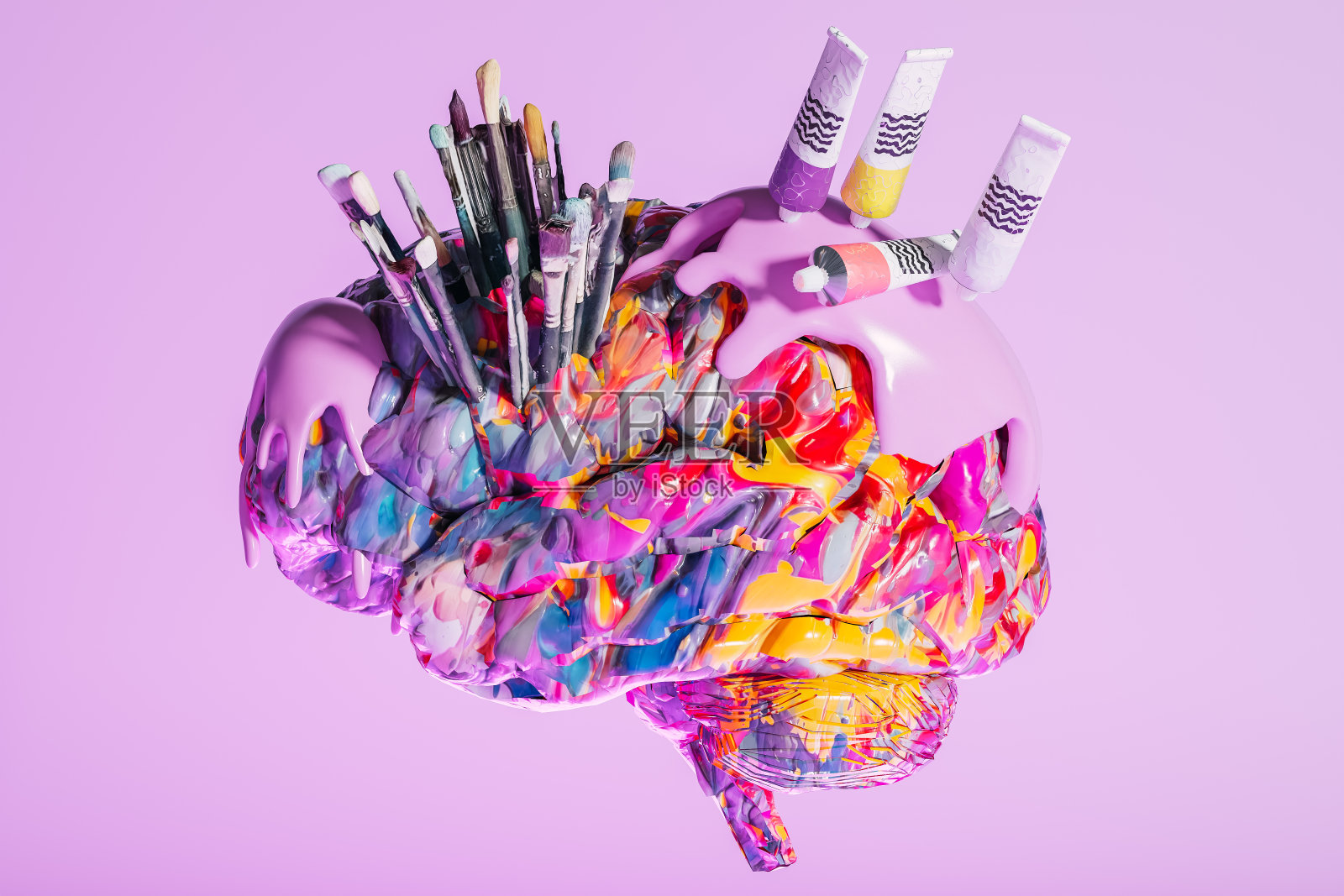 彩色大脑的3D插图与油漆和刷子照片摄影图片