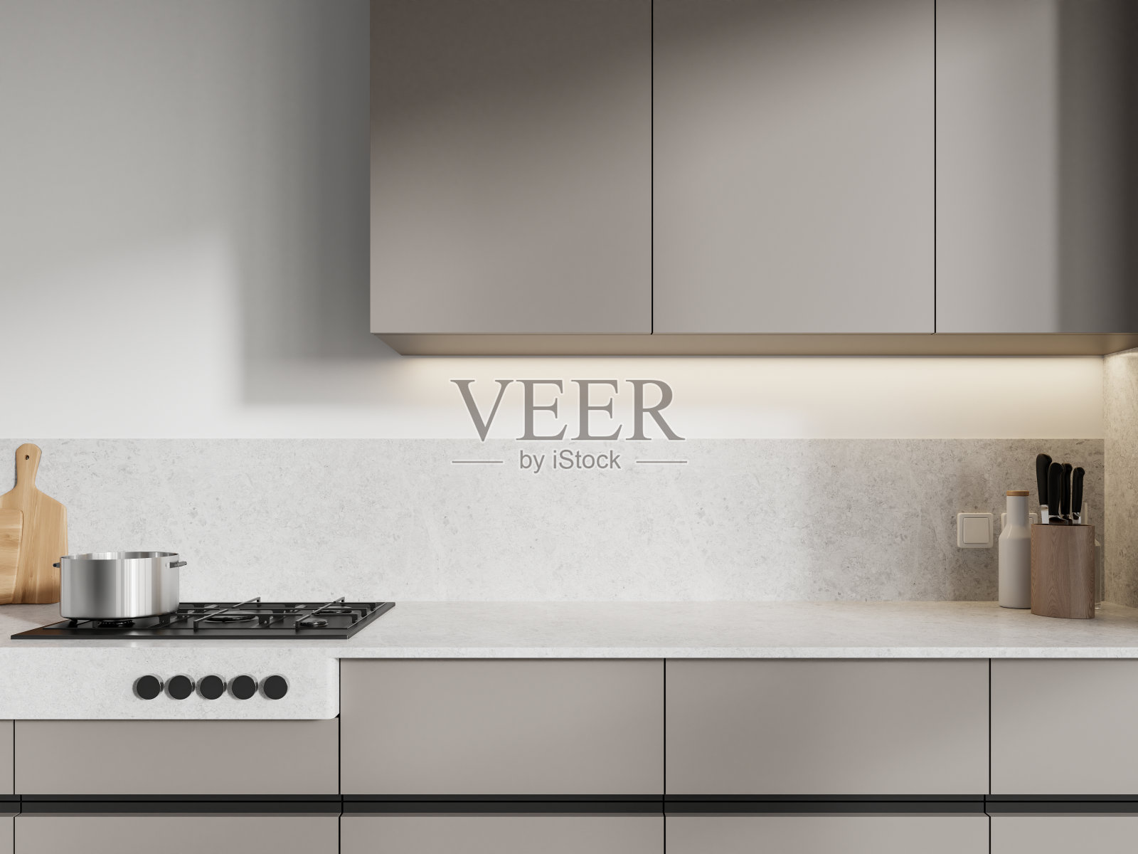 极简主义的家庭厨房内部配有厨具和炉子,米色架子照片摄影图片