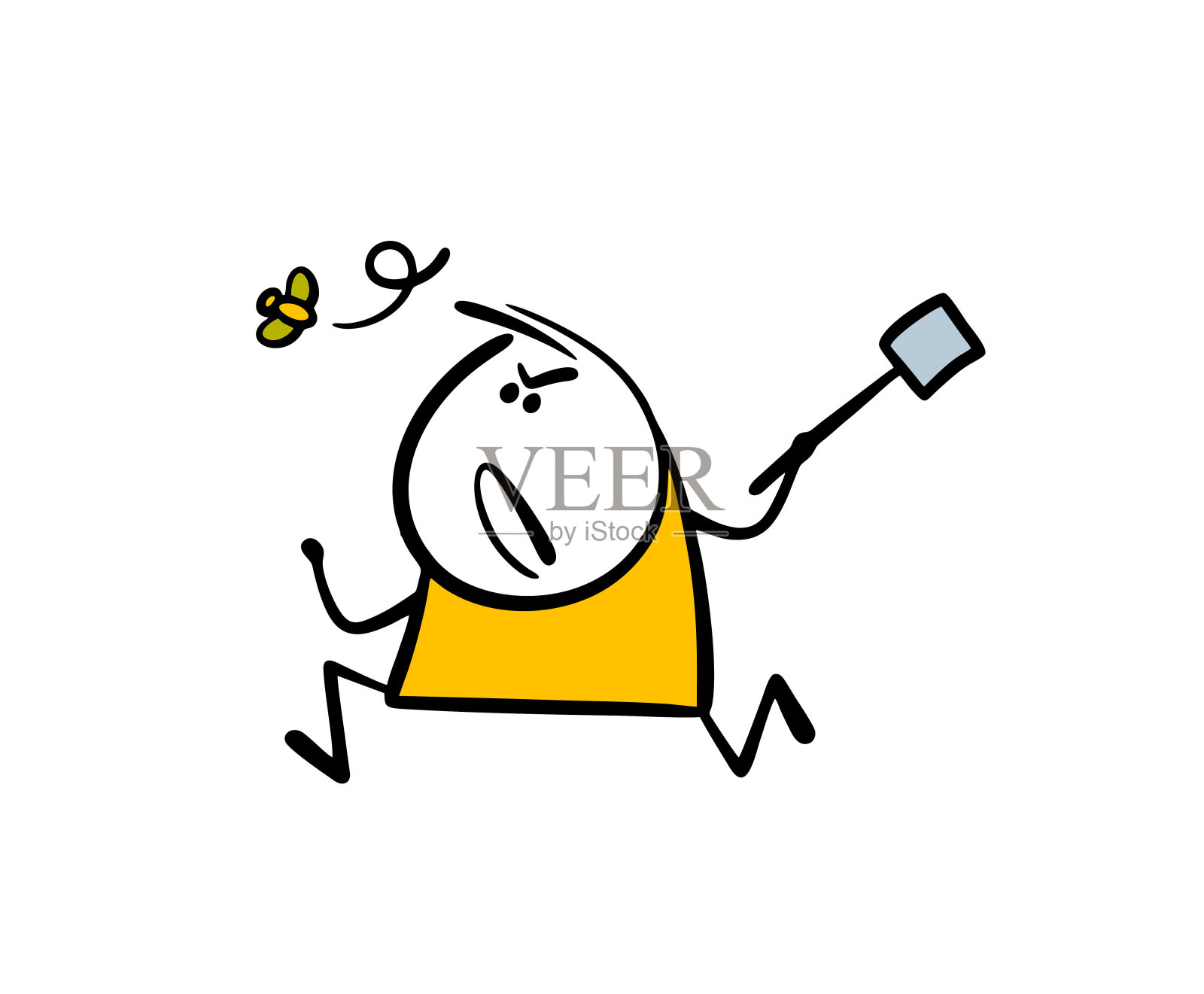 追逐昆虫的愤怒火柴人。挥舞苍蝇拍追逐有害动物的男子矢量图。白色背景上孤立的奔跑人物插画图片素材