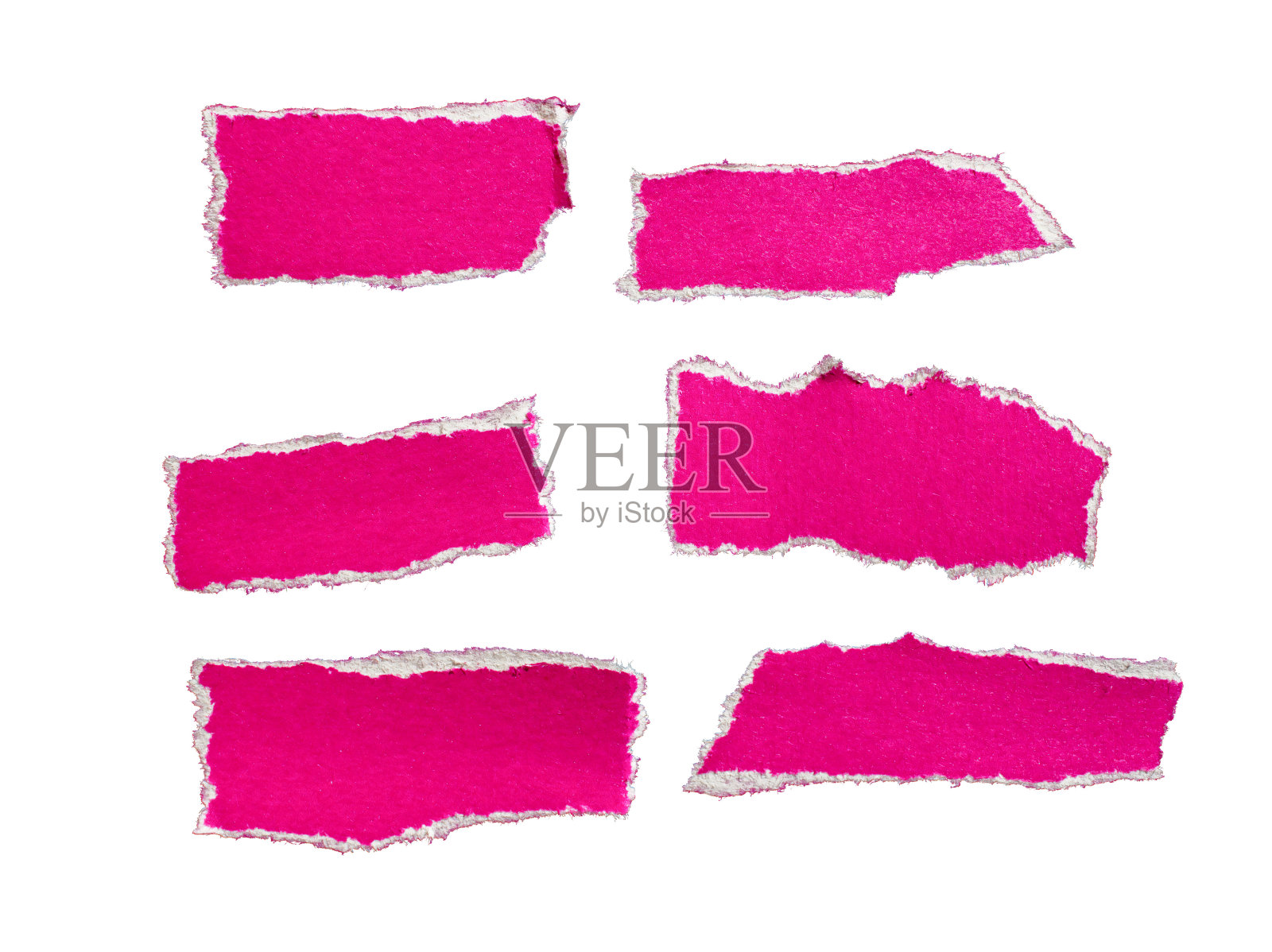 白色背景上的一组撕裂的粉红色纸片照片摄影图片