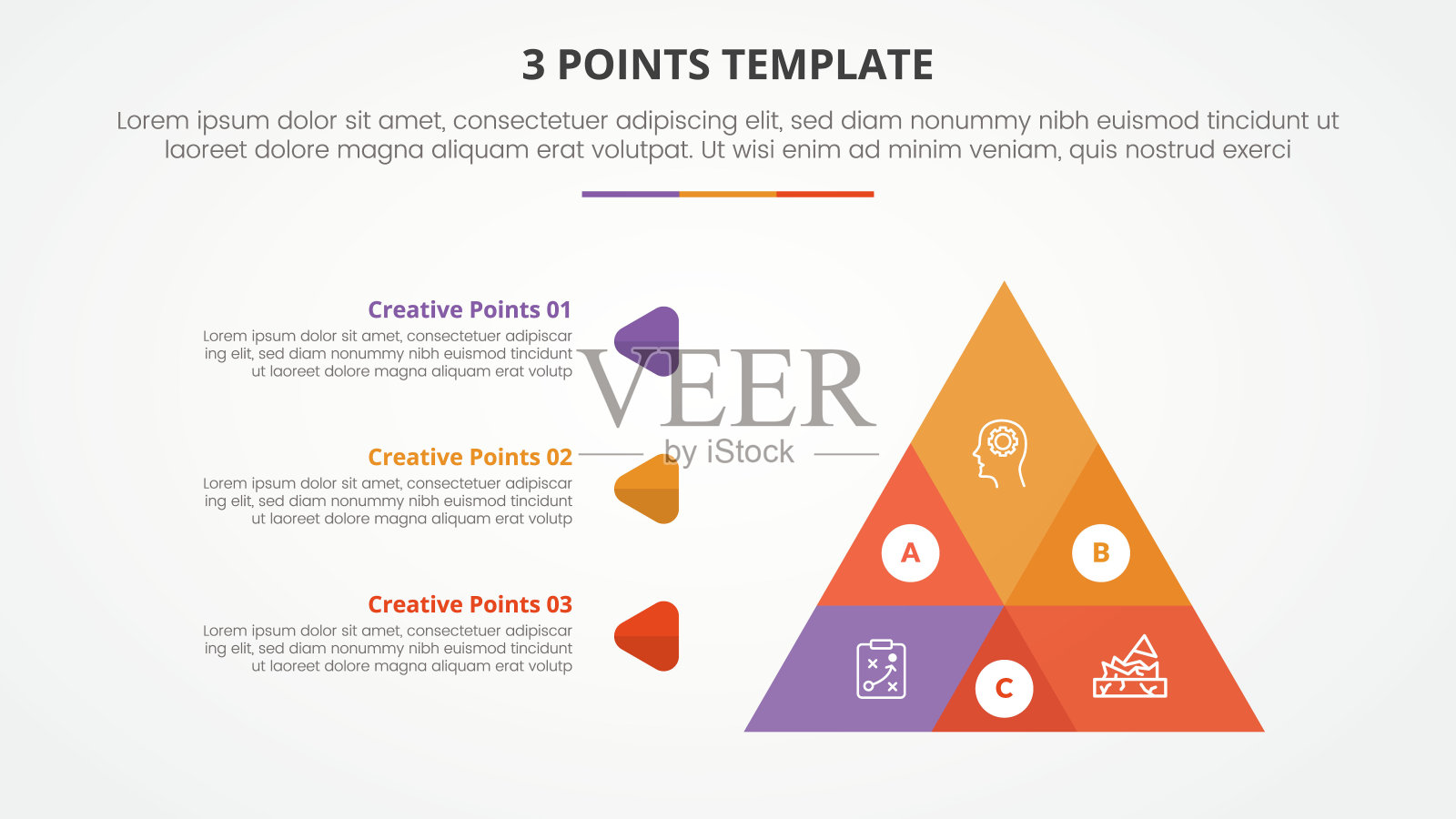 3点阶段模板信息图表概念幻灯片演示文混合金字塔三角形形状与3点列表与平面风格插画图片素材