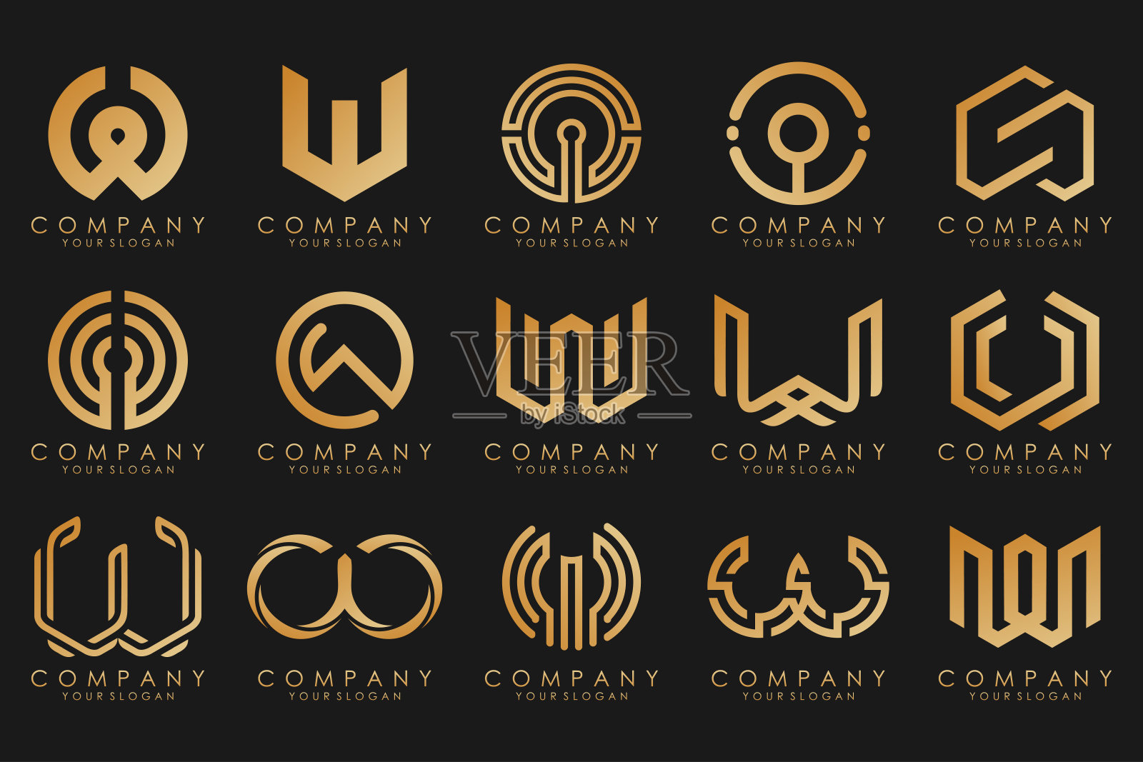 抽象集合以字母W为标志设计。创意设计标志W与金色。插画图片素材