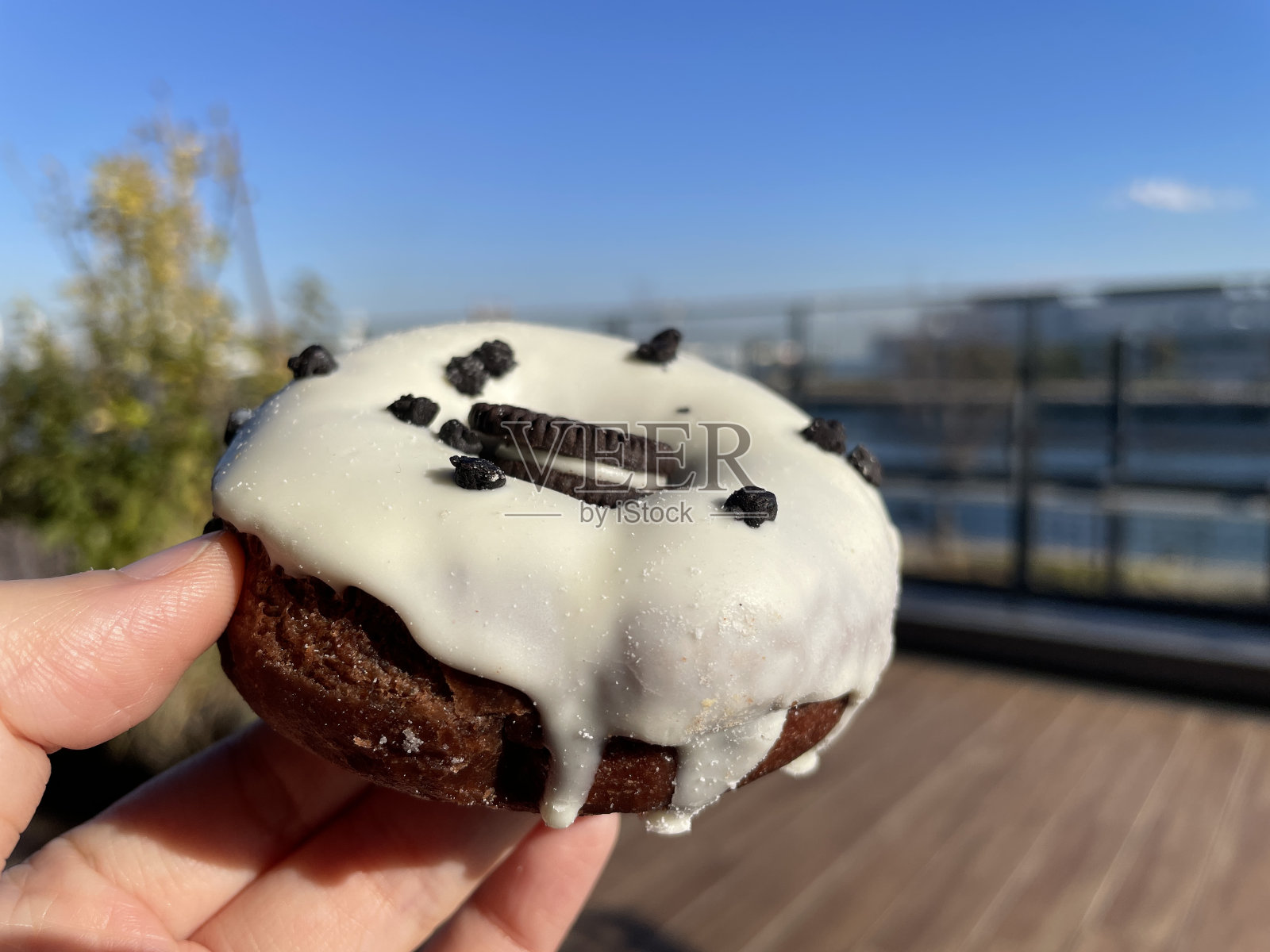 甜甜圈上面撒着饼干奶油照片摄影图片
