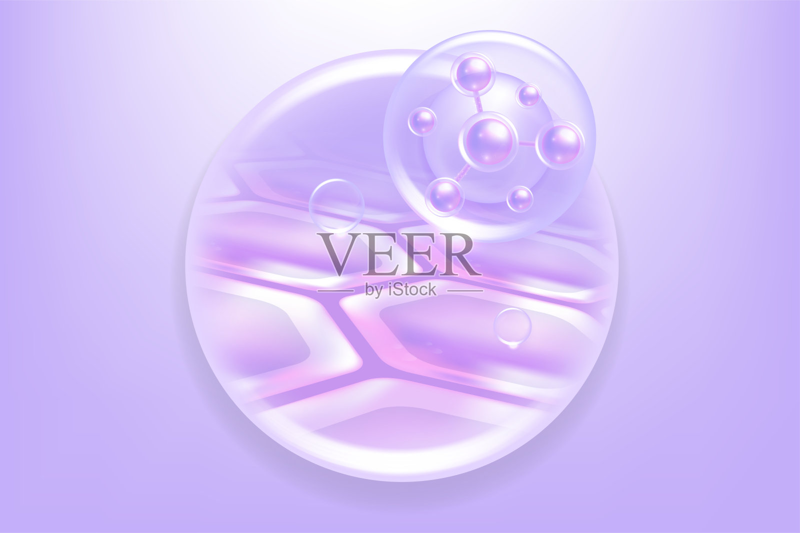 透明质酸和烟酰胺头发和皮肤的解决方案广告,紫色胶原蛋白血清滴入皮肤细胞与化妆品广告背景准备使用,插图矢量。插画图片素材