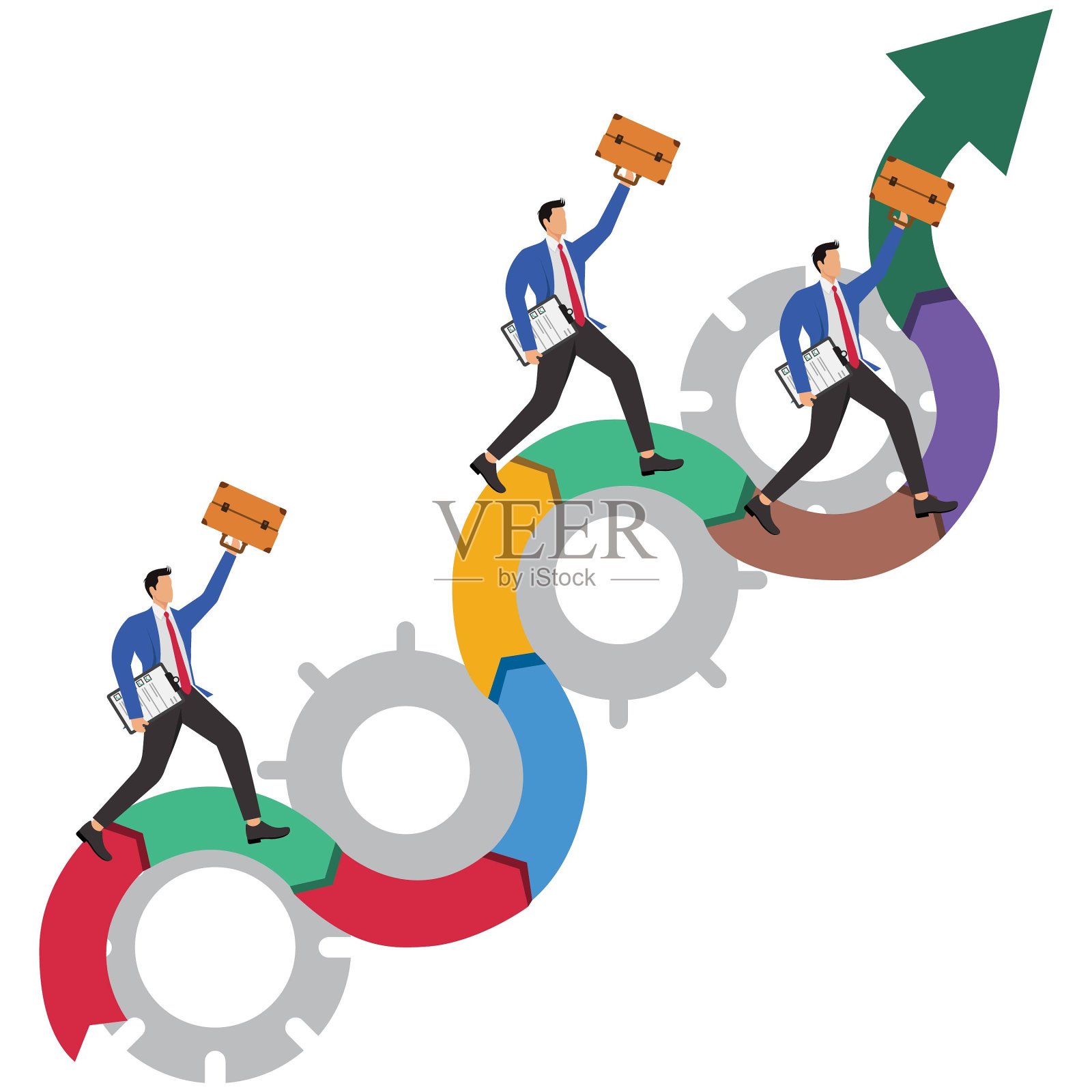 团队合作和发展,提高生产力,优化管理策略,改进项目流程,等距业务团队成员在上升箭头之间的齿轮中运行插画图片素材