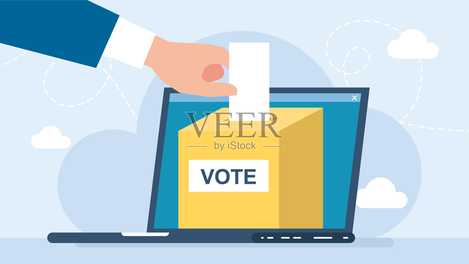 商人将选票放入从笔记本电脑显示器中取出的投票箱中。用手把选票投进笔记本电脑屏幕上的投票箱。在线投票概念。矢量图插画图片素材