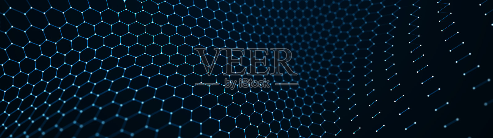抽象的蓝色背景的点和线。损坏的六边形网络结构。大数据流。三维渲染照片摄影图片