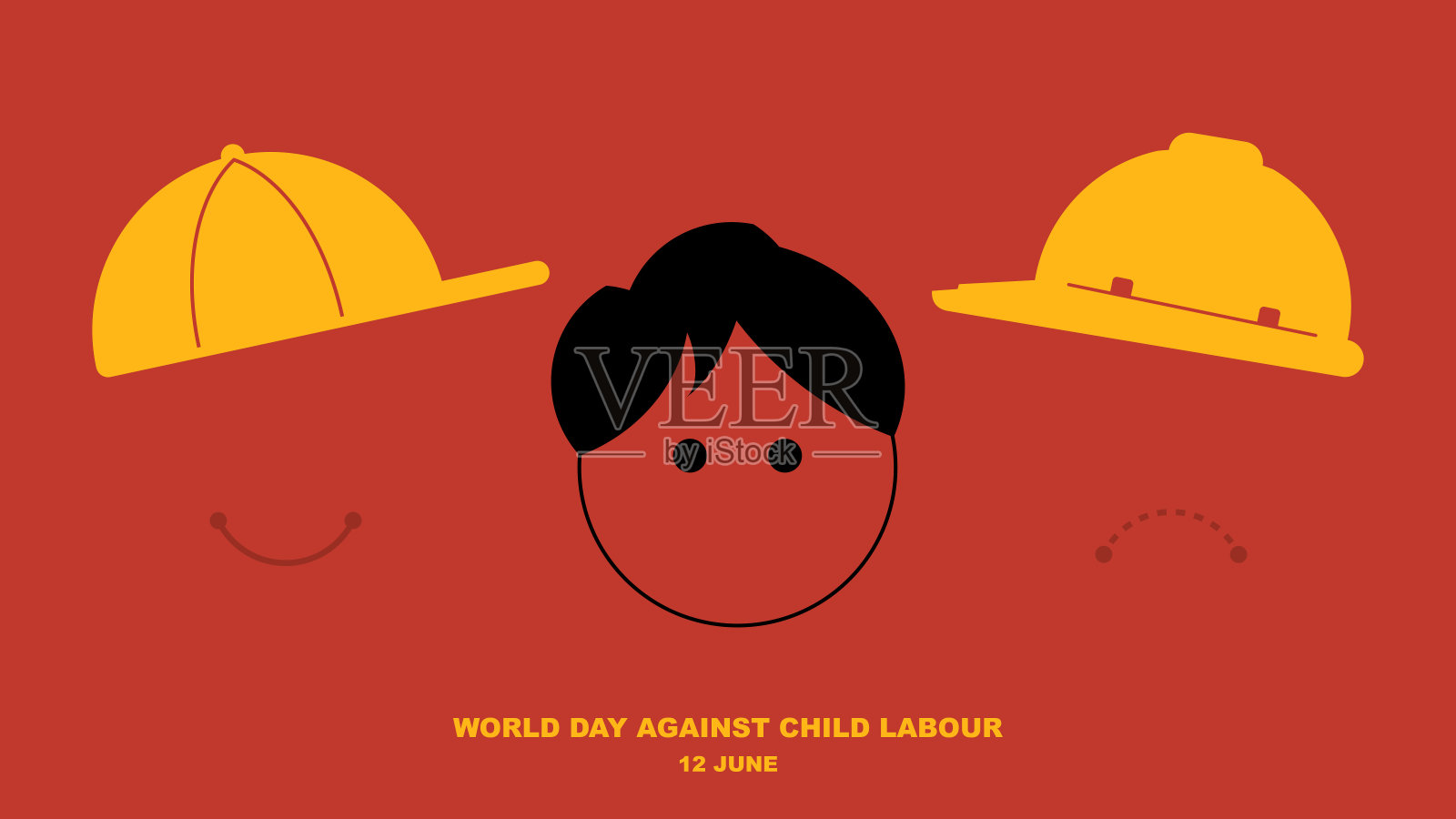 世界无童工日:中间的儿童脸标志,两边各有一顶儿童帽和一张快乐的嘴,一顶劳工帽和一张不快乐的嘴。插画图片素材