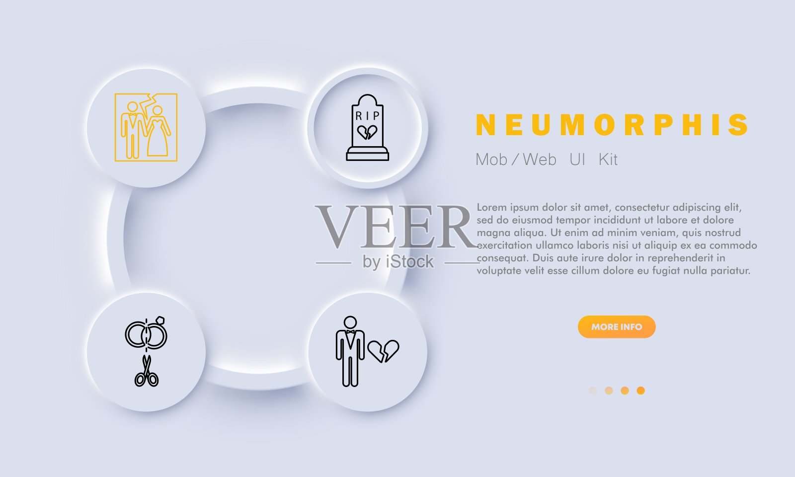 离婚组图标。分割照片,打破,结婚戒指,剪,剪,分手,分开,新娘,婚纱和西装,蝴蝶领带。离别,是结束一段关系的概念。Neumorphis风格。插画图片素材