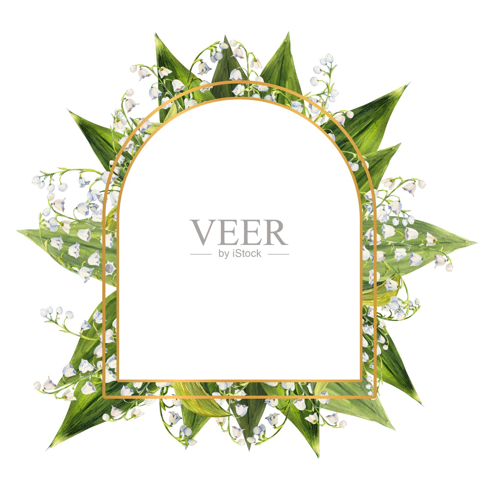 春天的山谷百合花编成的花环。手绘水彩框架。水彩插图插画图片素材