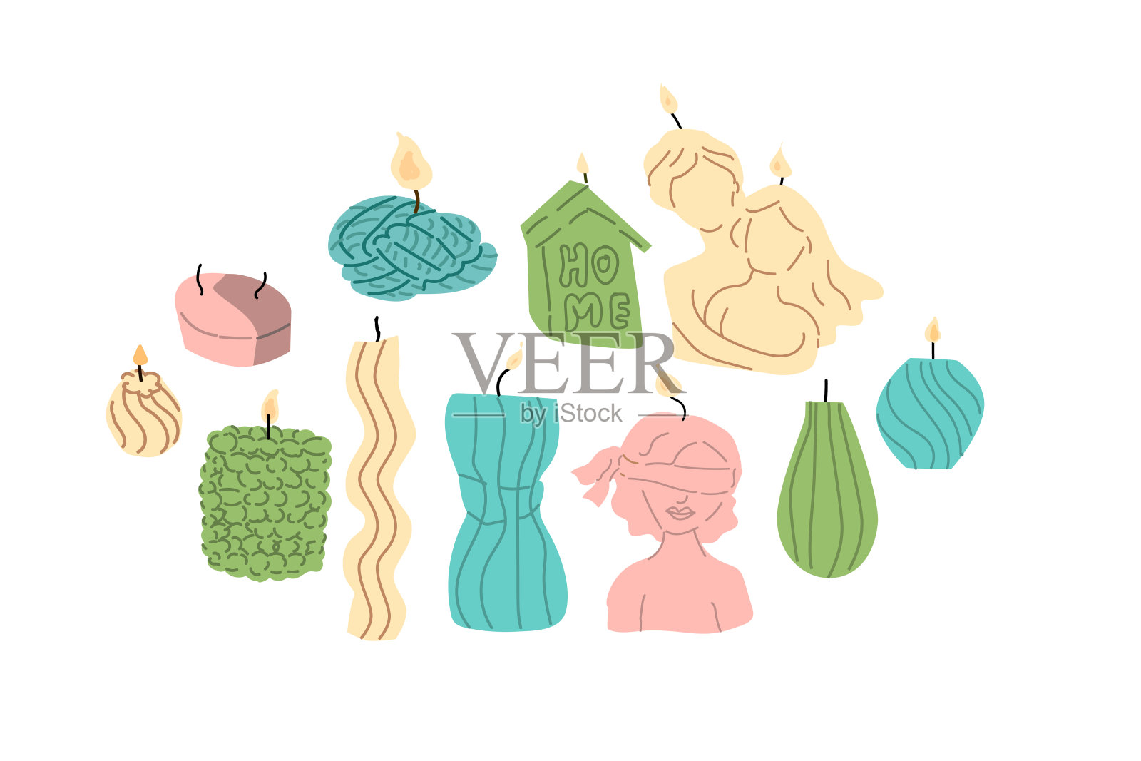 燃烧的时尚蜡烛的集合。不同的大小和形状插画图片素材