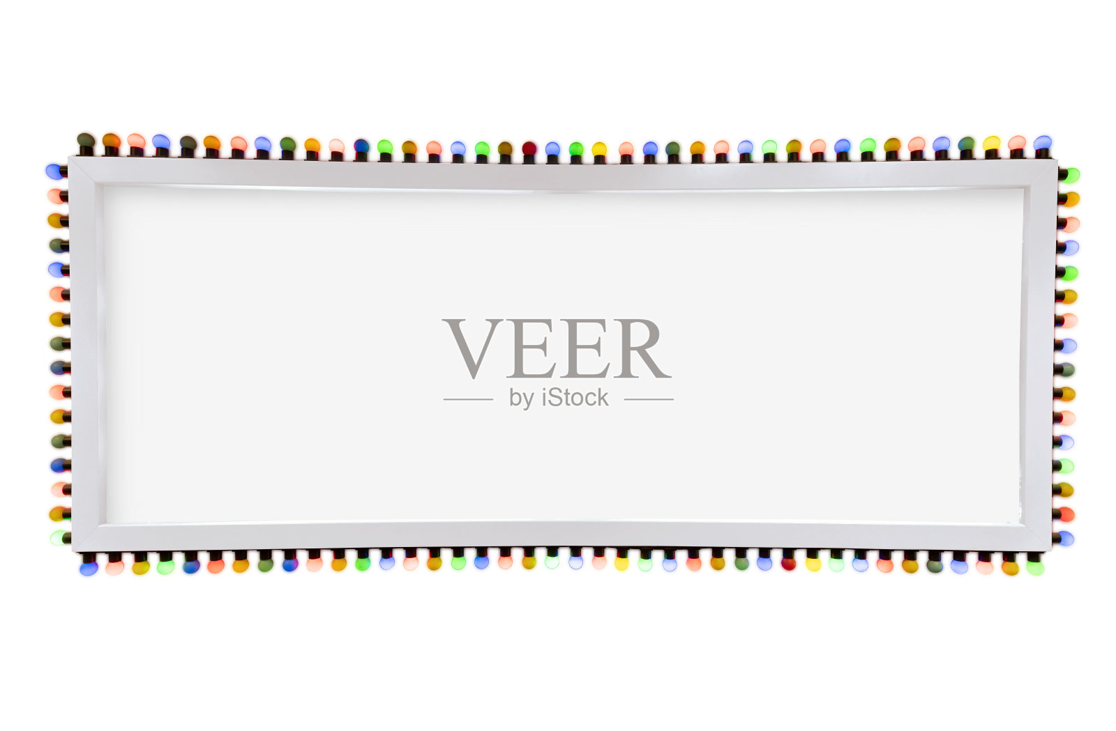 白色木框和彩色圆形霓虹灯在孤立的白色背景照片摄影图片