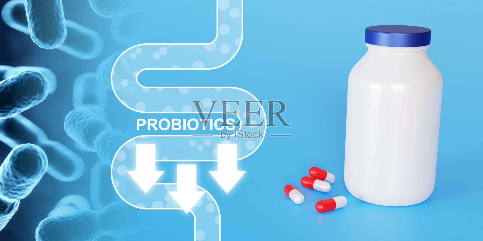益生菌横幅模板。益生菌胶囊。人类微生物组概念照片摄影图片