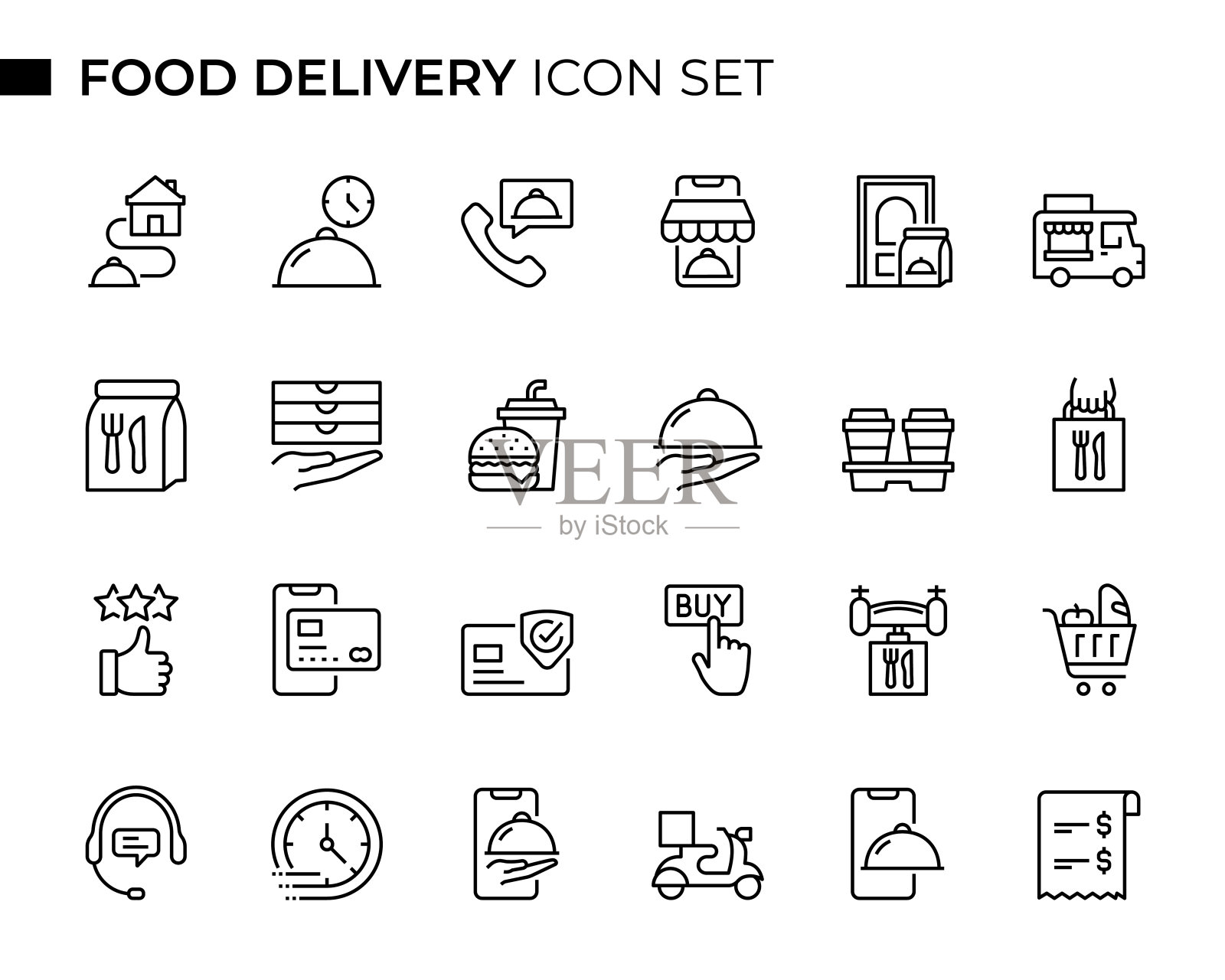 食品配送概念细线图标集包含诸如送货上门,披萨,汉堡,快餐,快递,杂货,披萨服务等图标插画图片素材