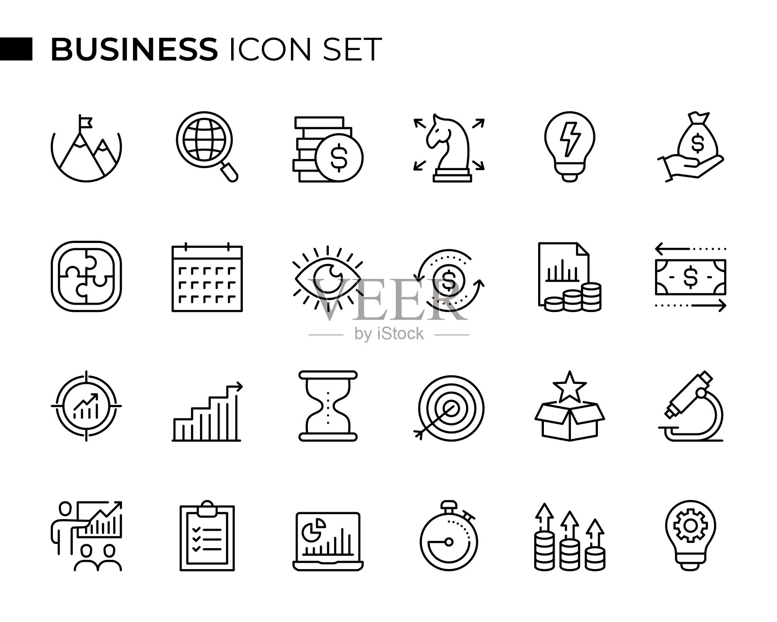 业务概念细线图标集包含投资、收入、战略、创新、解决方案、现金流、财务、改进等图标插画图片素材