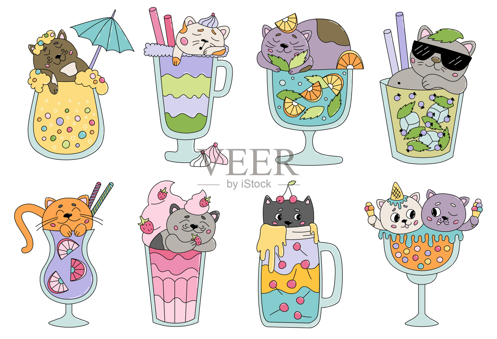 矢量集夏季鸡尾酒与小猫插画图片素材