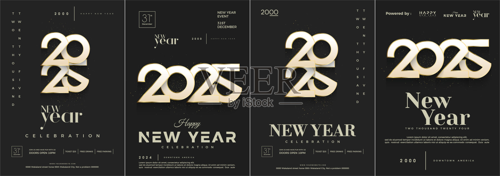 2024年新年快乐,白色的数字裹着奢华的黄金。一套封面、海报,庆祝2025年新年快乐。插画图片素材