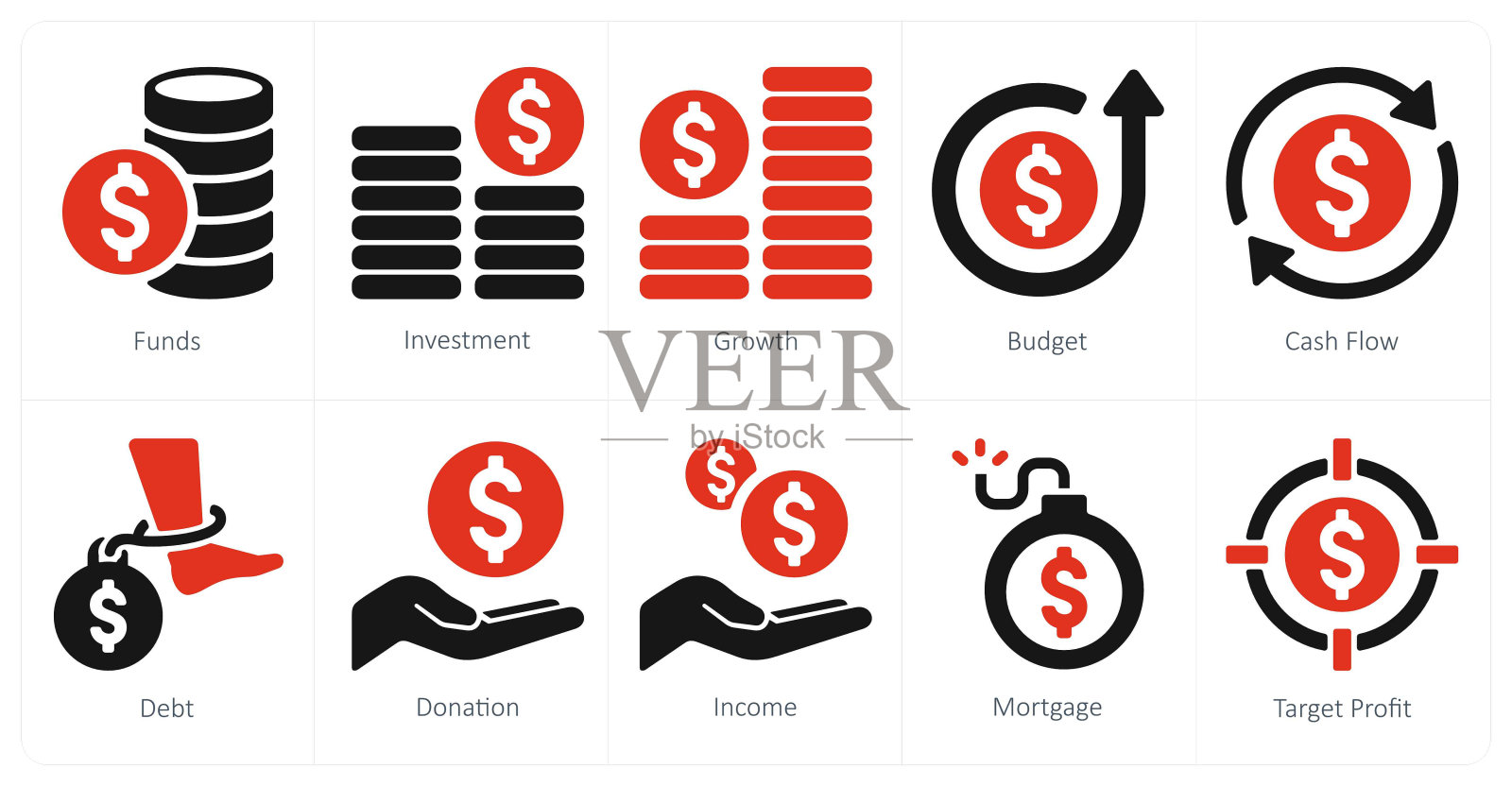 一套10个金融图标,如基金、投资、增长插画图片素材