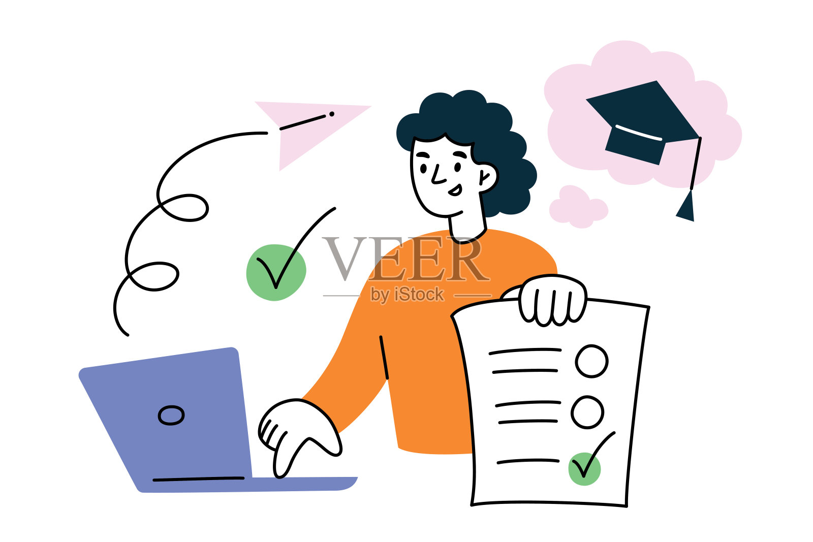 学生通过网络考试,申请大学作文,女生发送大学申请表,网络考试作文,毕业帽涂鸦图标,人物矢量插画插画图片素材