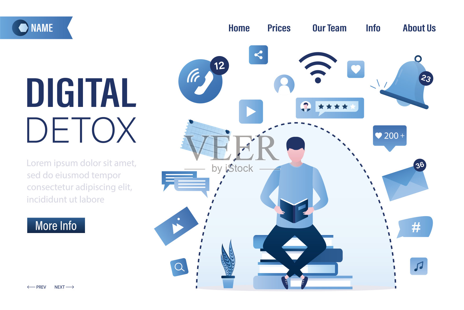 聪明人坐在一堆书上读书。商人关掉智能设备,排毒,登陆页面。禁止使用手机。远离互联网、智能手机和社交媒体。插画图片素材