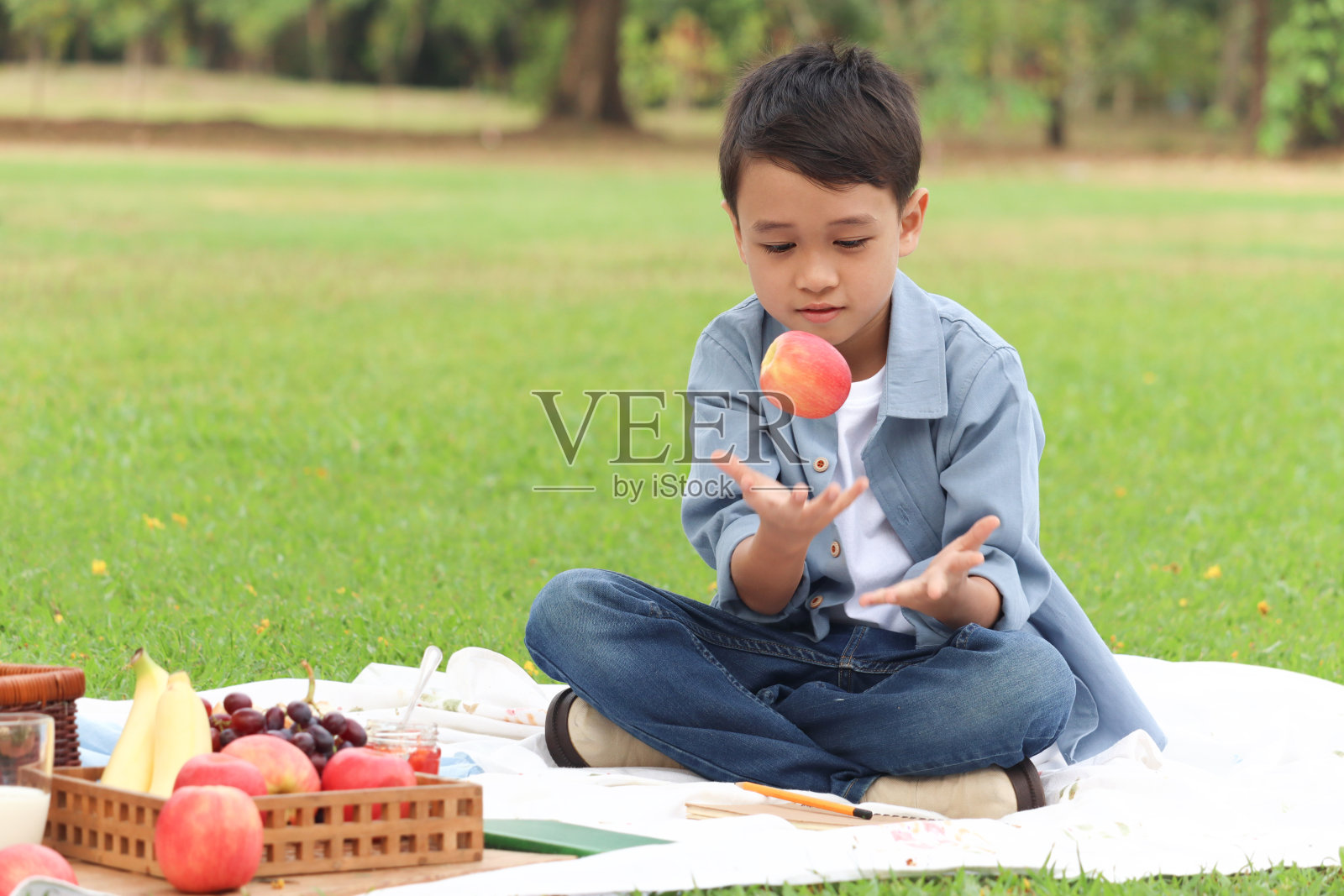 快乐的亚洲男孩在公园享受夏日野餐。微笑的孩子坐在绿草地上的垫子上,向空中抛苹果。小孩子在野餐时吃了一些水果。快乐的孩子在户外玩得很开心。照片摄影图片
