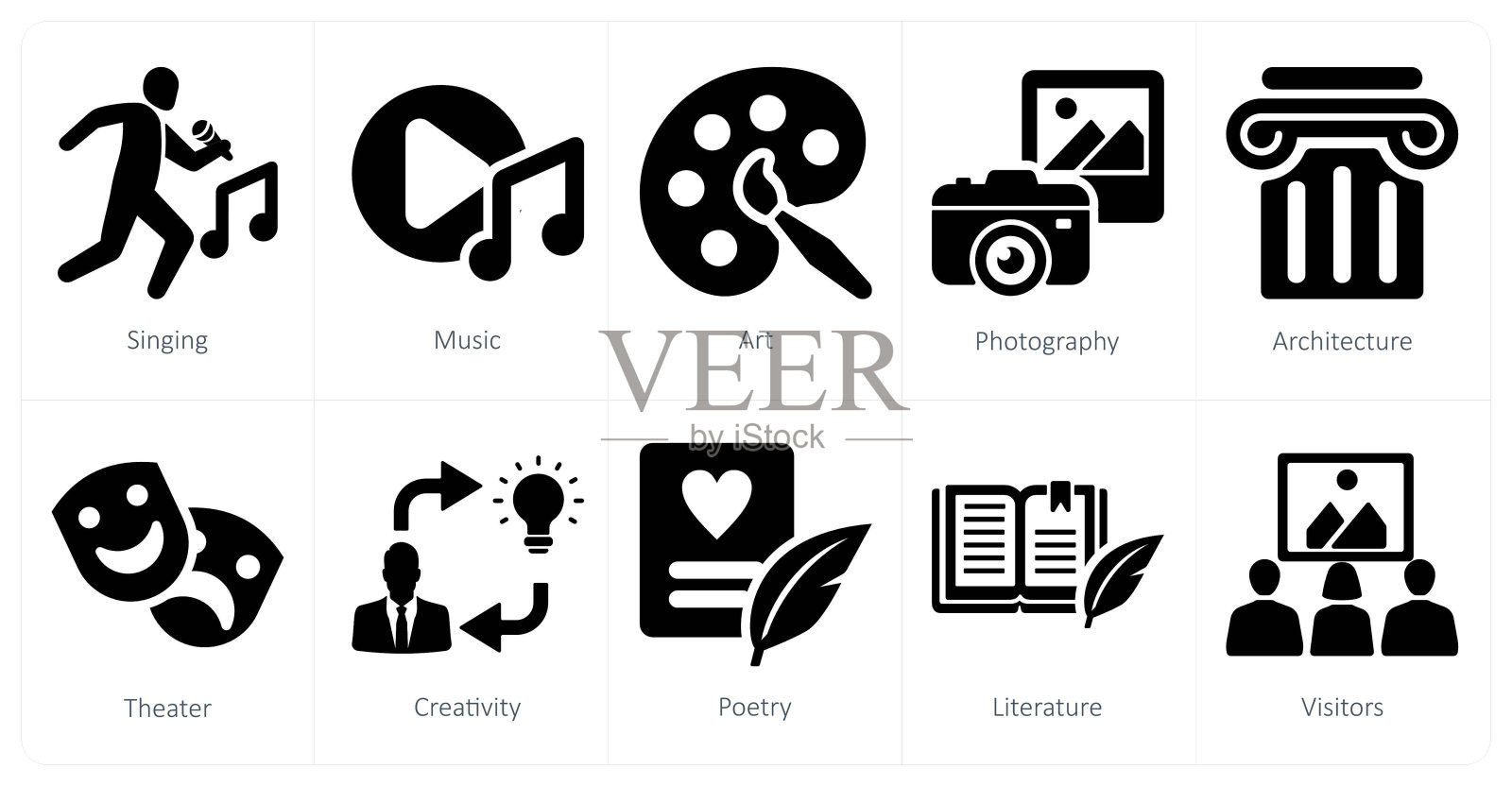 一套10个艺术图标,如唱歌、音乐、艺术插画图片素材