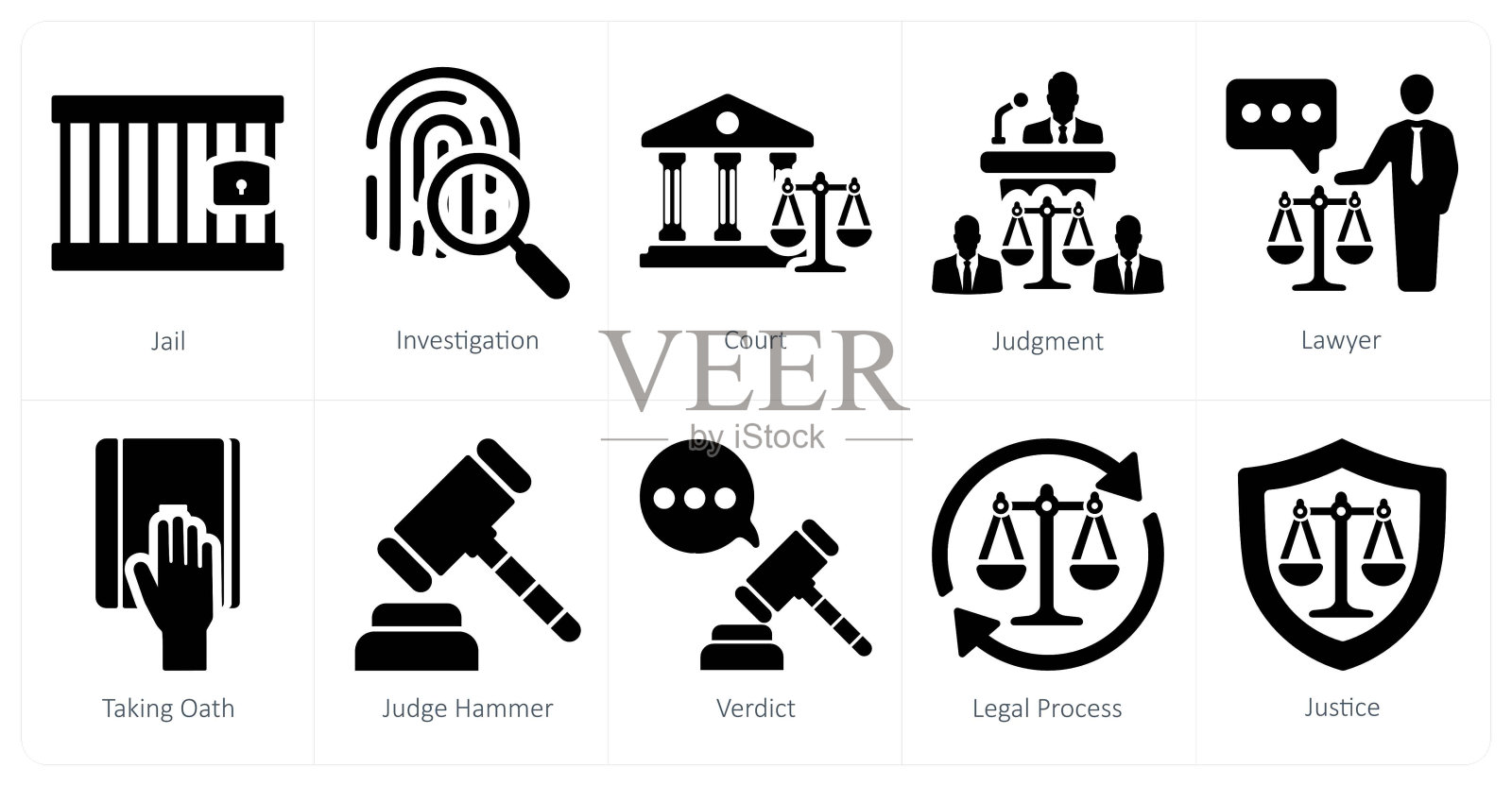 包含10个司法图标的合集:监狱、调查、法庭插画图片素材